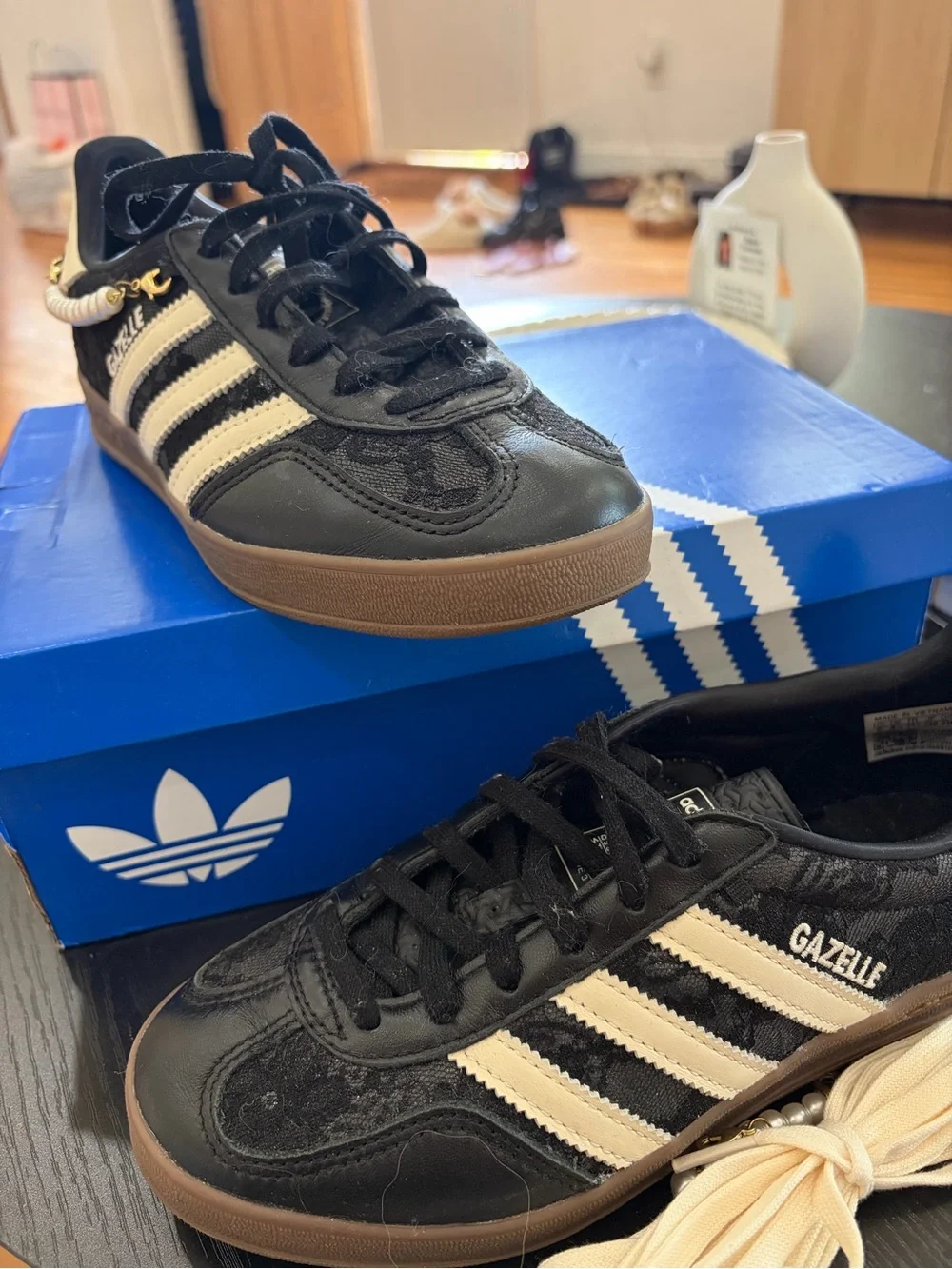 adidas Gazelle Black and Cream Lace-Up Sneakers with Pearl Accent